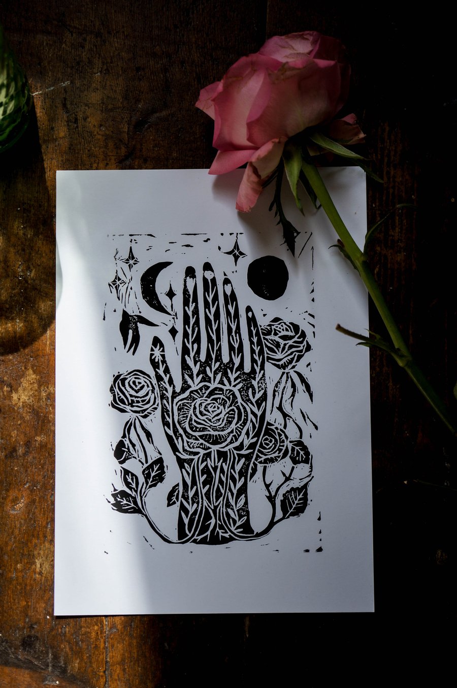Linocut Print A5 Rose Hand