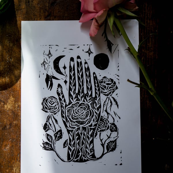 Linocut Print A5 Rose Hand