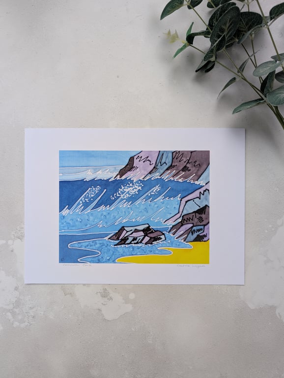 Beach with Waves breaking against the Cliffs Print - End of Line Print