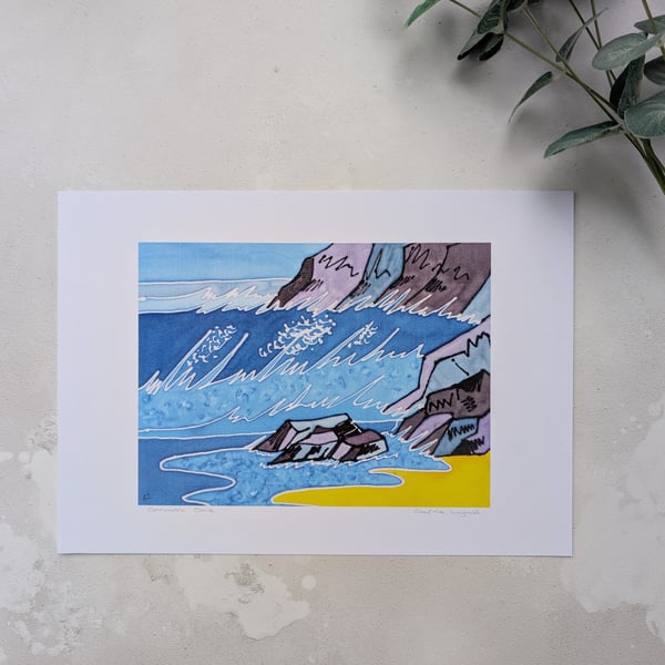 Beach with Waves breaking against the Cliffs Print - End of Line Print