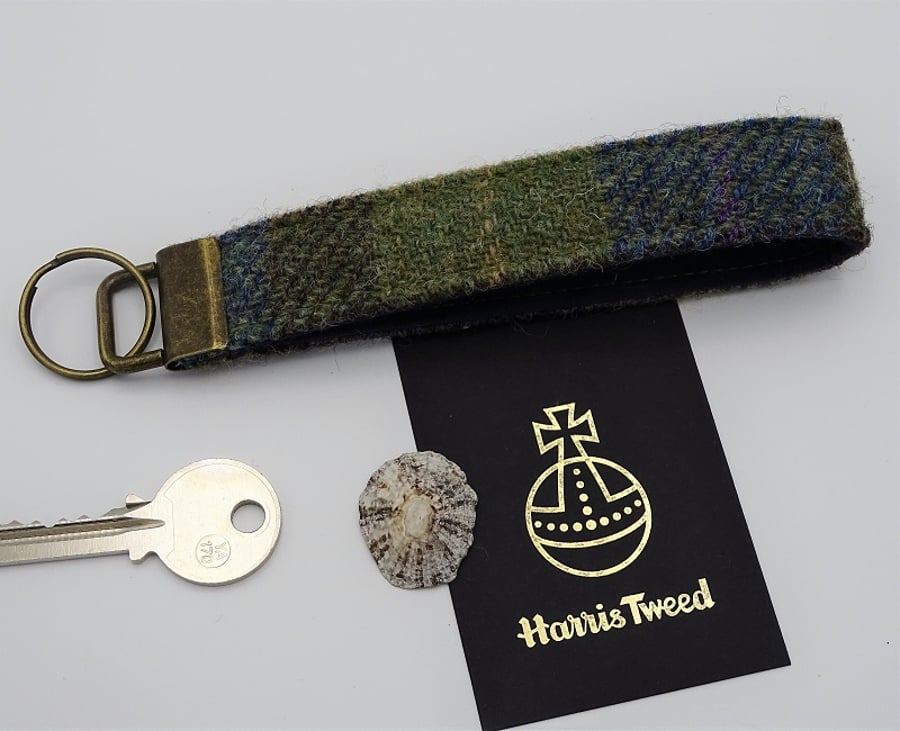 Harris Tweed key fob wrist strap in blue, brown and moss green