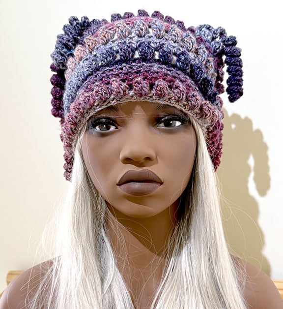 Hat Crochet Funky Design with Curly Tassels.  Earthy Heather Shades