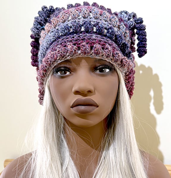Hat Crochet Funky Design with Curly Tassels.  Earthy Heather Shades