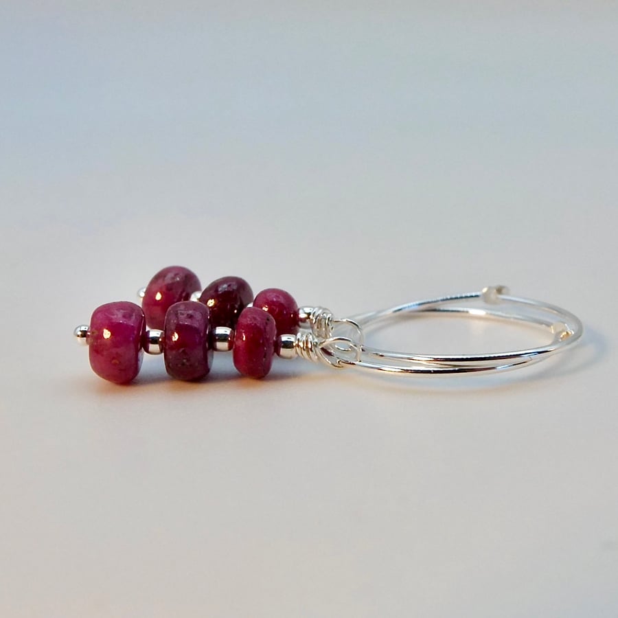 Natural Ruby & Sterling Silver Hoop Earrings, July Birthstone, Anniversary Gift