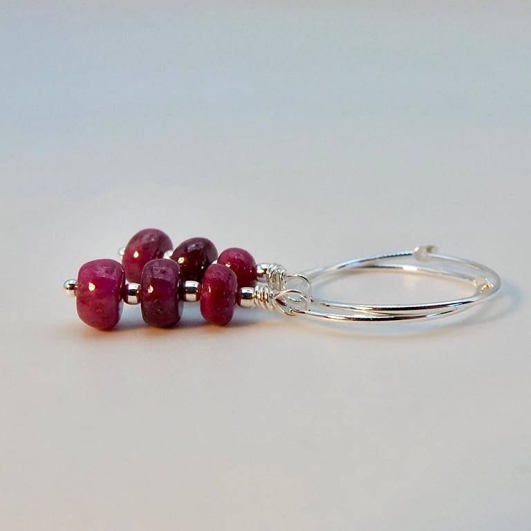 Natural Ruby & Sterling Silver Hoop Earrings, July Birthstone, Anniversary Gift