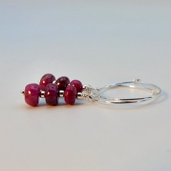 Natural Ruby & Sterling Silver Hoop Earrings, July Birthstone, Anniversary Gift