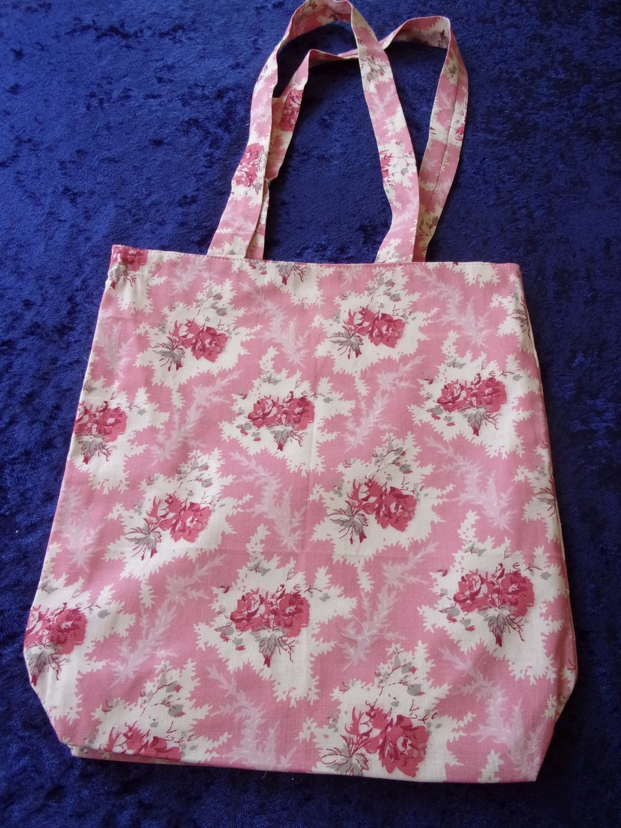 Pink Fabric Bag with Sprays of Dark Pink Flowers 