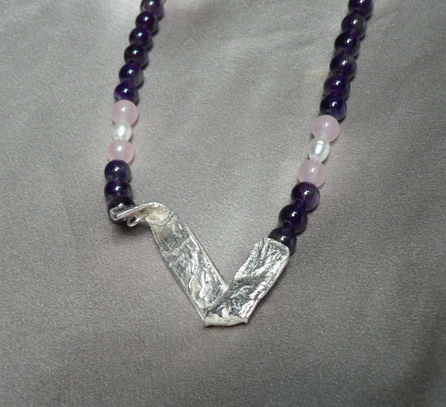 Amethyst, rose quartz, pearl necklace with sterling silver centre, free delivery