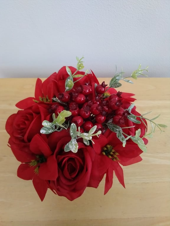 Christmas Floral Arrangement – Red Poinsettias, Roses, Hawthorn berries.