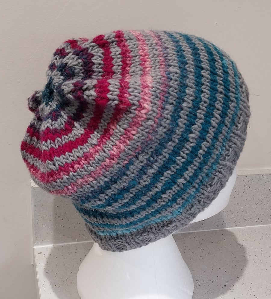 Handknit Noro Stripey Bobble Hat 100% wool Terracotta Grey Medium