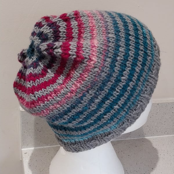 Handknit Noro Stripey Bobble Hat 100% wool Terracotta Grey Medium
