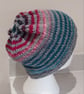 Handknit Noro Stripey Bobble Hat 100% wool Terracotta Grey Medium