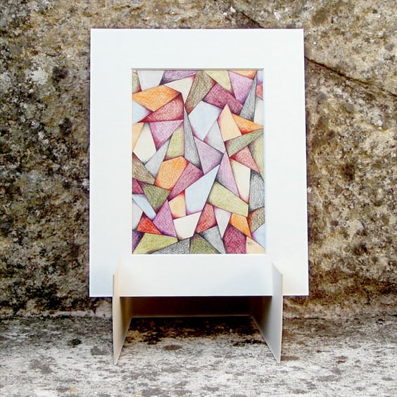 Small Abstract Drawing Original Multicolour Coloured Pencil - Geometric Facets 5