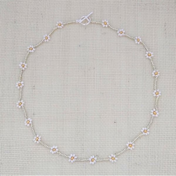 Pearl, Gold and Silver Beaded Daisy Necklace