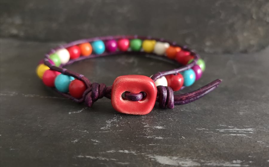 Magnesite semi precious bead and leather bracelet with ceramic button 