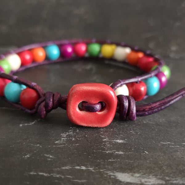 Magnesite semi precious bead and leather bracelet with ceramic button 