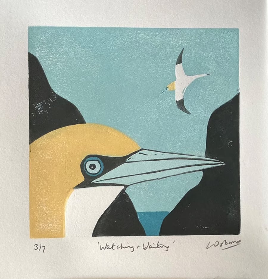 Linocut - original linocut of gannets