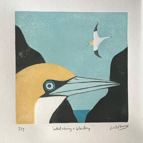Linocut - original linocut of gannets