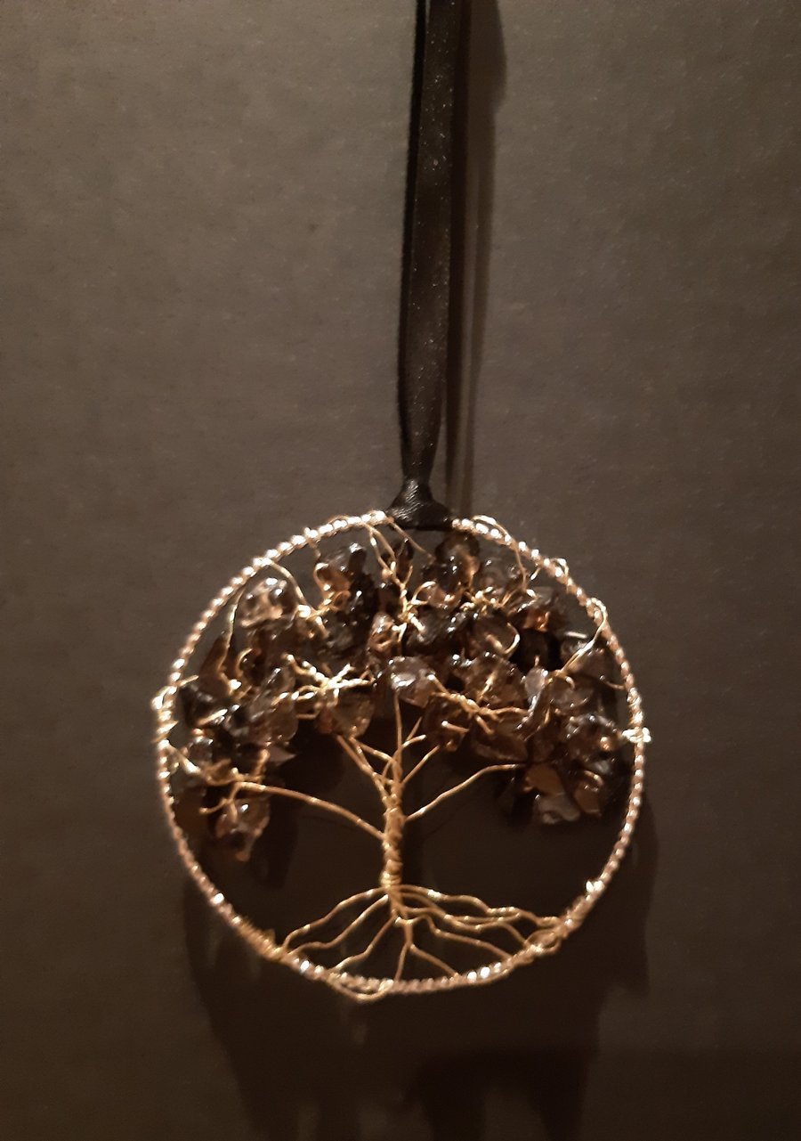  Smoky quartz Crystal tree of life bangle hangers on a ribbon 