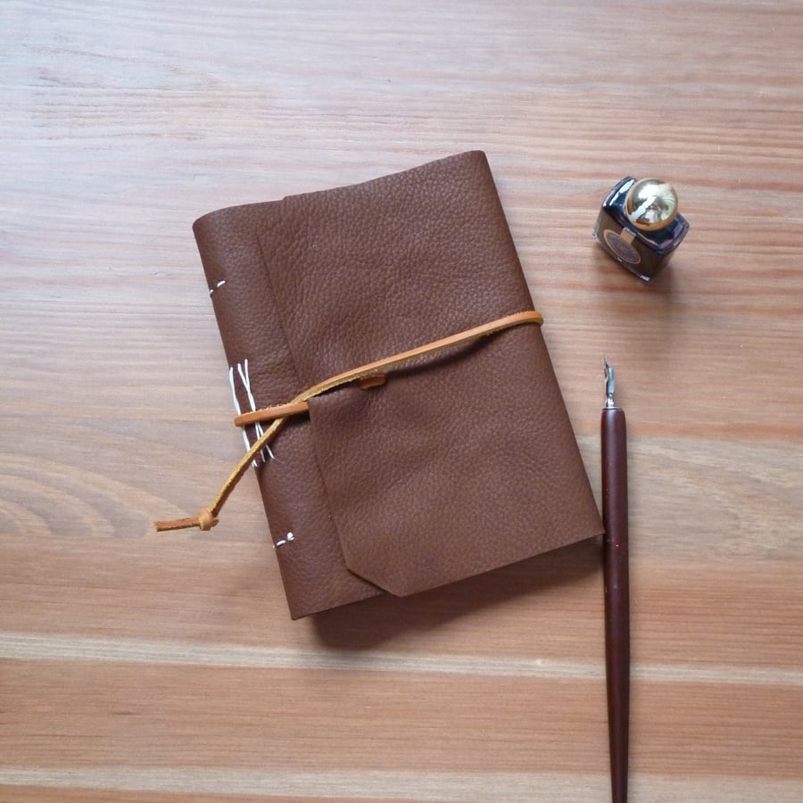 A6 hand bound leather journal, upcycled leather notebook, brown leather
