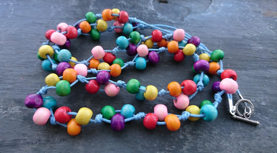 Rainbow wooden necklace with sky blue cotton cord