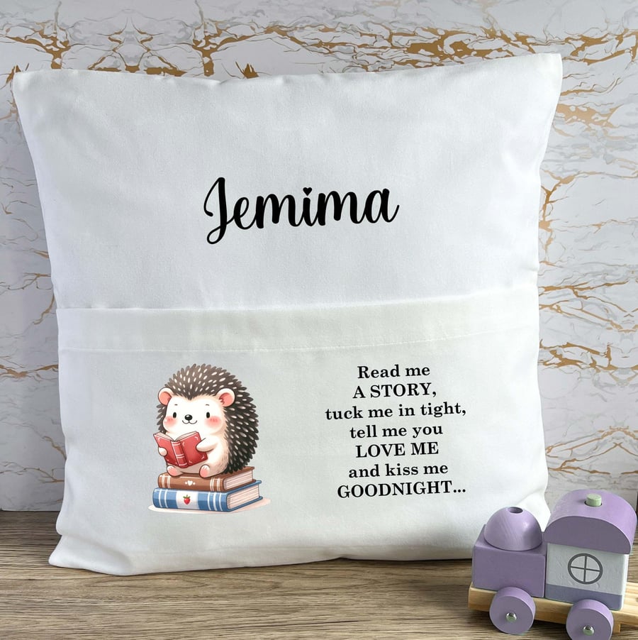 Personalised Hedgehog Book Pocket Cushion, Read Me A Story Reading Cushion