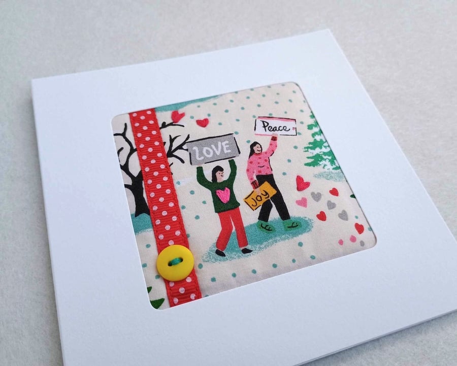Hearts card, hand embroidered upcycled fabric Love Peace and Joy