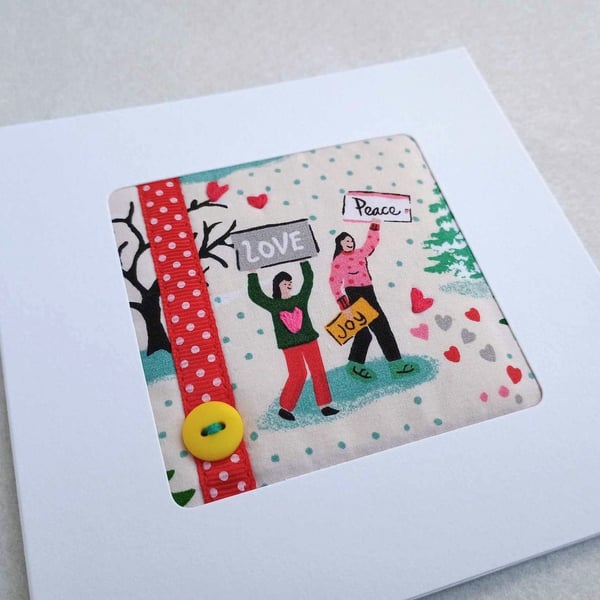 Hearts card, hand embroidered upcycled fabric Love Peace and Joy