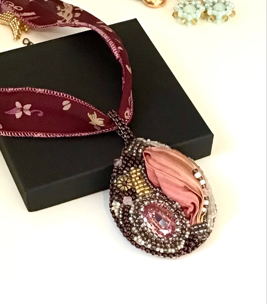 Shibori and bead embroidered ribbon necklace