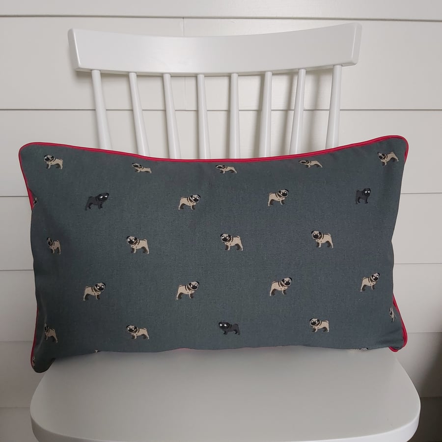 Sophie Allport Pugs Cushion with Red Piping