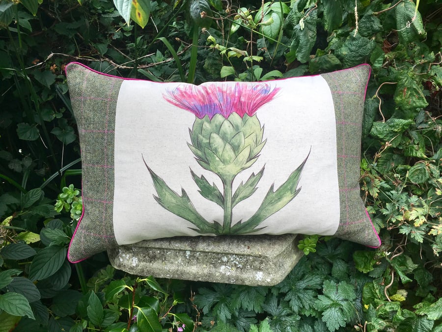Thistle cushion. Scottish thistle pillow. Free UK P &P. Wool plaid cushion. 