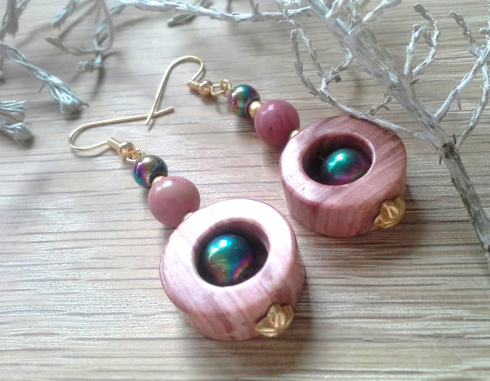 Pink Jasper & Rainbow Heamotite Gold Plated Earrings