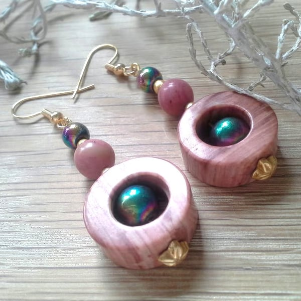 Pink Jasper & Rainbow Heamotite Gold Plated Earrings