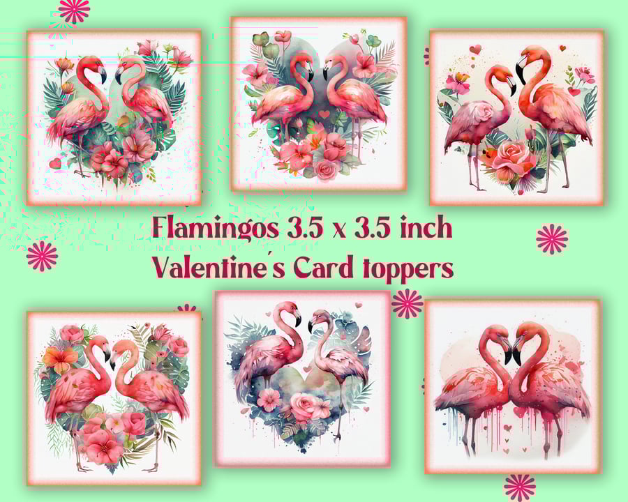 Flamingos Set of 6 Square Valentine Card Toppers for Card Making, Tags etc.