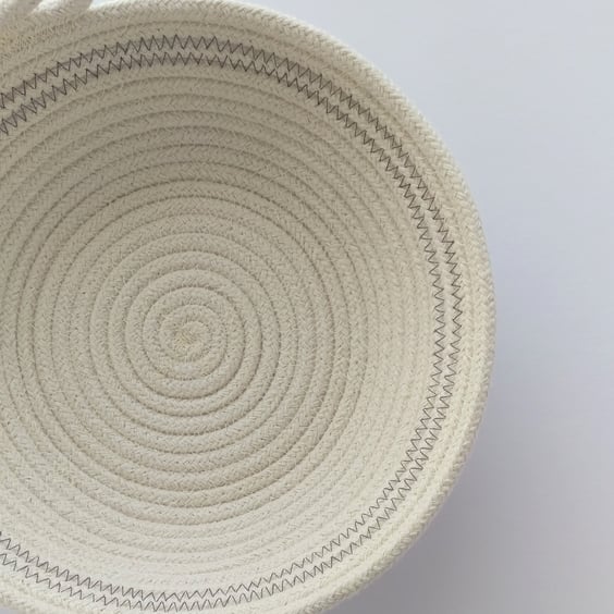 Chale Bowl, a coiled rope bowl with dark grey stitched detail