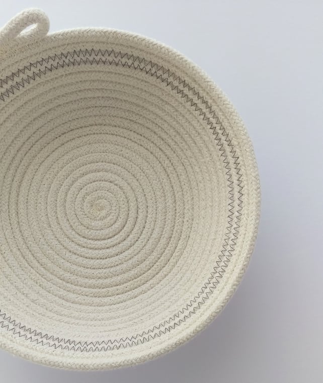 Chale Bowl, a coiled rope bowl with dark grey stitched detail