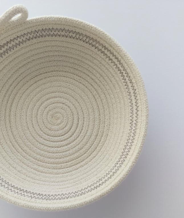 Chale Bowl, a coiled rope bowl with dark grey stitched detail