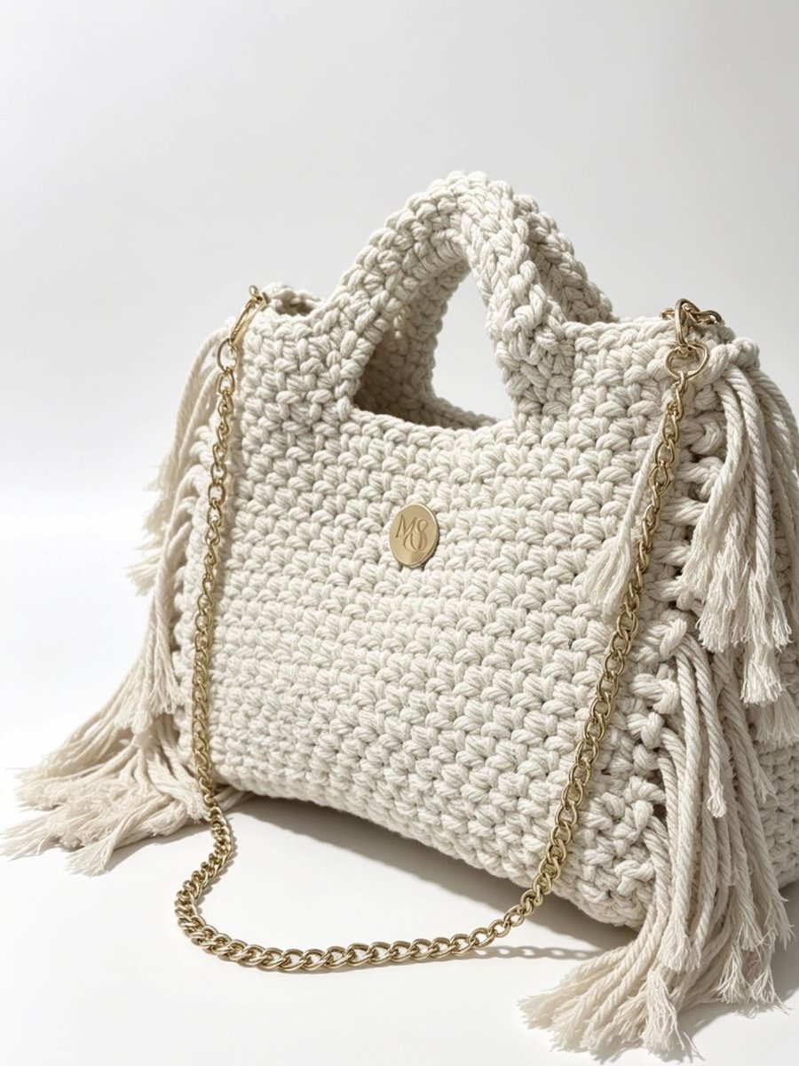 MS Boho Chic Cream Crochet Tote Bag with Tassels and Gold Chain