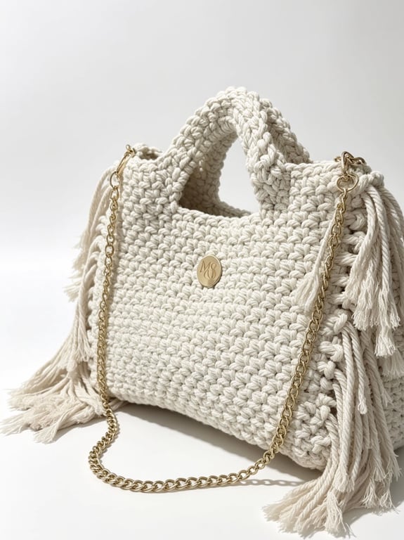 MS Boho Chic Cream Crochet Tote Bag with Tassels and Gold Chain