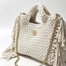 MS Boho Chic Cream Crochet Tote Bag with Tassels and Gold Chain