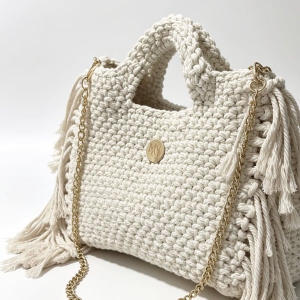 MS Boho Chic Cream Crochet Tote Bag with Tassels and Gold Chain