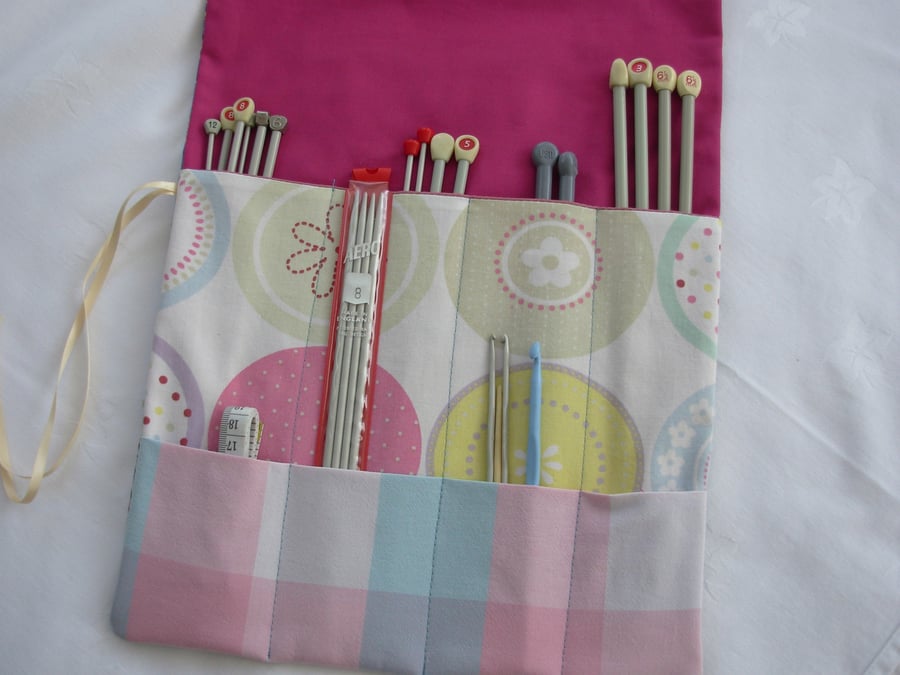 Knitting Needle Roll Blue and Pink