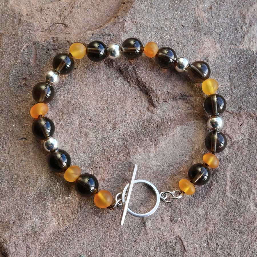 Smoky Quartz and Amber Knotted Beaded Bracelet - Sterling Silver Beads & Clasp