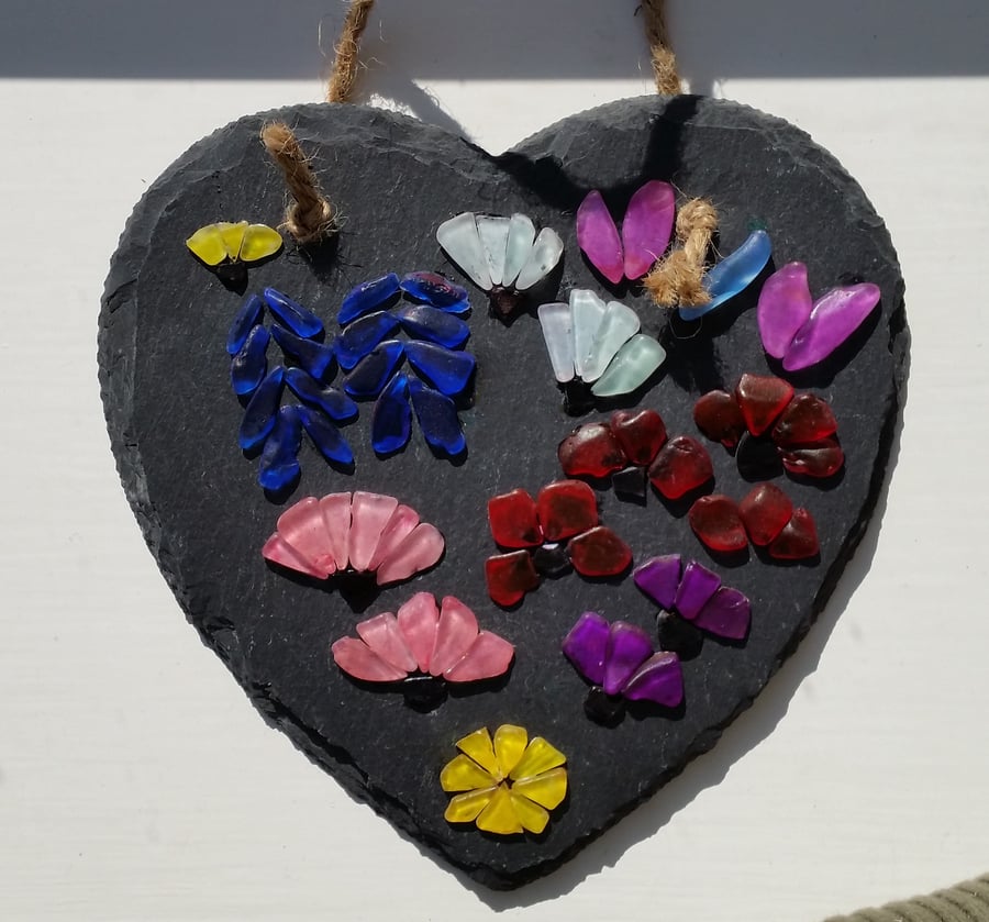 Sea Glass Flowers on Slate Heart, Sea Glass Art, Cornish Pebble Art,
