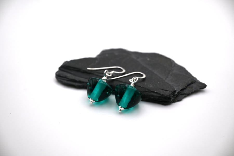 lampwork glass teal cone earrings