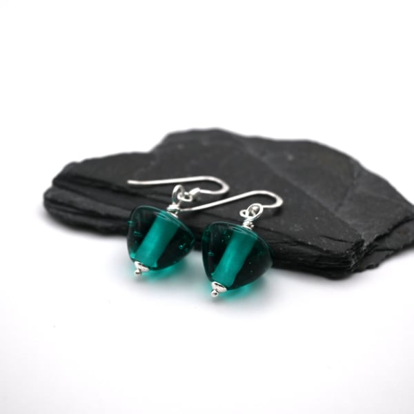 lampwork glass teal cone earrings