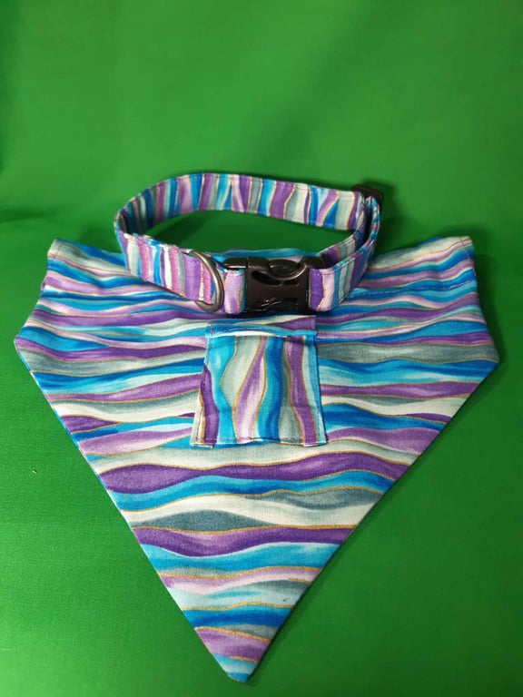 Medium Dog Collar Bandana Set: Purple Blue Wave, Pooh Bag Pocket (13-18 Inch)