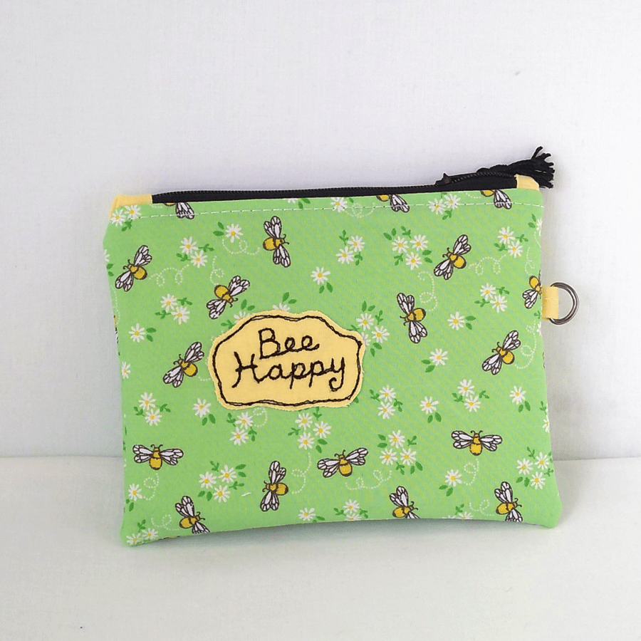 Be Happy small, zipped pouch, bees and daisies, POSTAGE INCLUDED