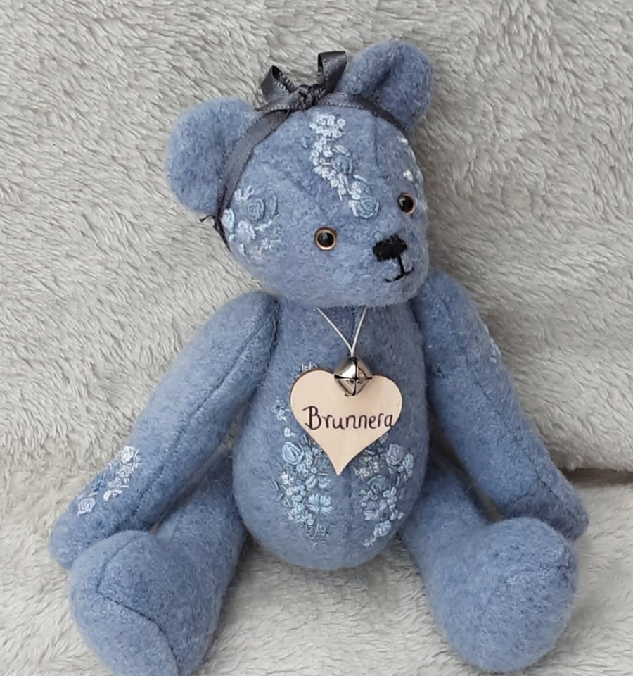 Hand embroidered artist bear on hand dyed alpaca fabric, collectable teddy bear