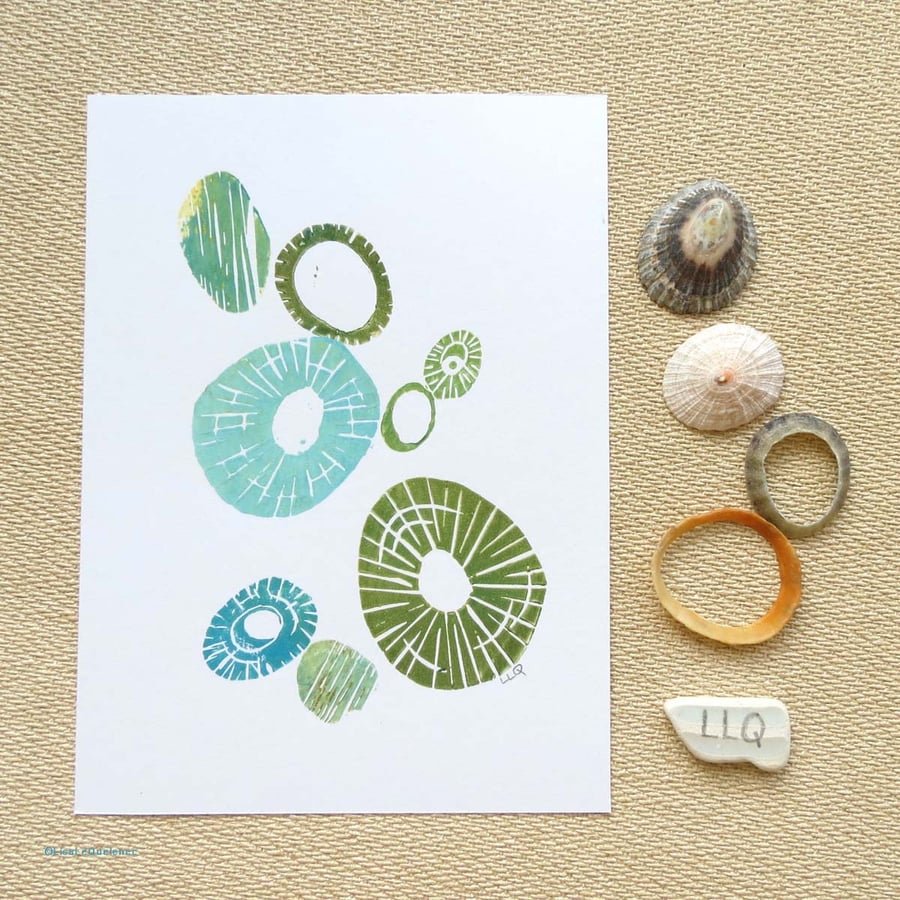 OOAK mini print limpet shell and pebbles bright modern art